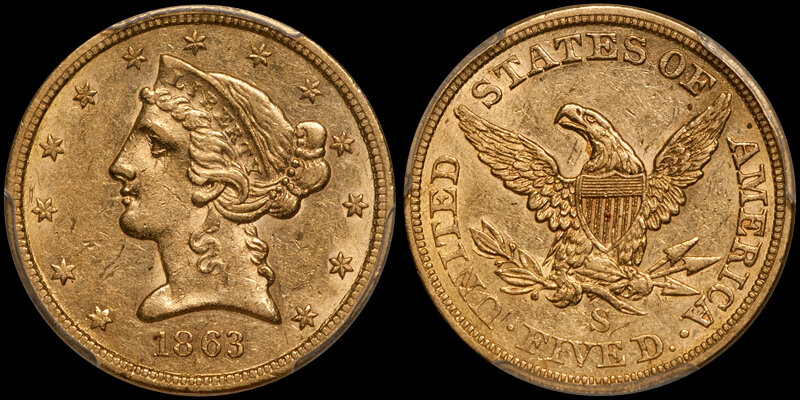 1863-S $5.00 PCGS AU53 CAC. Images courtesy Doug Winter