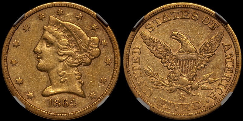 1864-S $5.00 NGC EF45. Images courtesy Doug Winter