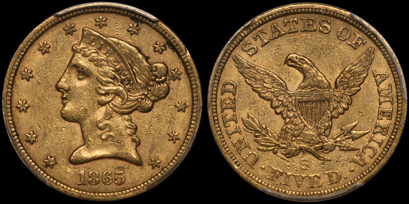 1865-S $5.00 PCGS AU53 CAC. Images courtesy Doug Winter