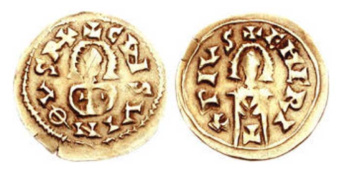 Chindaswinth. AD 642-653. AV Tremissis (1.44 g, 6h). Emerita (Mérida) mint. +CHINDL (HINDL as monogram) SVINQVS R+, facing bust / +EMERI-T-L PIVS, facing bust. Miles, Visigoths 330(a); Chaves 273; MEC 1, 254. VF, lightly toned. Rare.