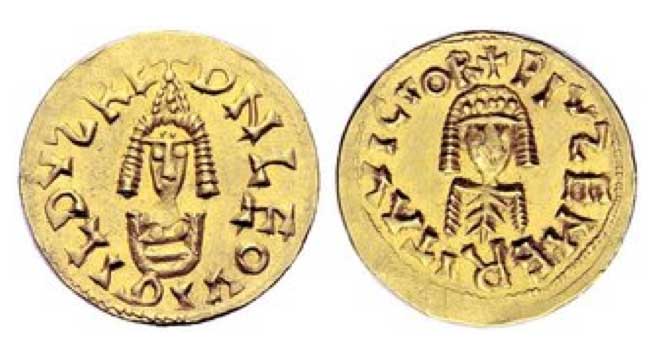 Leovigild, 575-586. Tremissis, Emerita. DNLEOVIGILDV“ Crowned facing bust. Rev. XPIV“ EMERITΛ VICTOR Facing bust. 1,51 g. CNV 49,1. Miles 40a. Very rare.