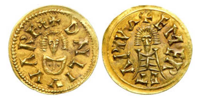 Liuva II, 601-603. Gold Tremissis (1.52 g) minted at Emerita (today's Mérida). Bust facing. Reverse: Bust facing. MEC I, 224; Miles (Hispanic Numismatic Series II) 122. Extremely rare. Beautiful red toning. Superb Extremely Fine. The lower bust treatment is likely a first step in deciding if a queen or co-ruler is depicted.