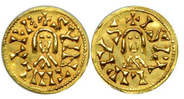 Suintila, 621-631. Gold Tremis (1.5 g). Mint of Ispali (Seville). ISPALI. Name and mint around bust of king, Grierson & Blackburn 240; Las Monedas Espanolas 259. A very choice example and lustrous. Nearly Mint State.