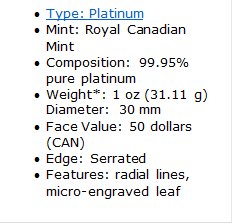 Royal Canadian Mint Platinum Maple Leaf bullion coin specifications, courtesy Dillon Gage Metals