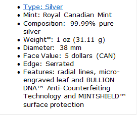 Royal Canadian Mint Silver Maple Leaf bullion coin specifications, courtesy Dillon Gage Metals