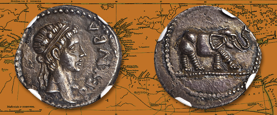 Silver Denarius of Juba II offered at NYINC 2020 by Stack's Bowers Auctions