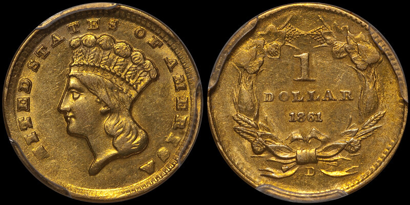 1861-D gold $1.00 PCGS MS61. Images courtesy Douglas Winter Numismatics