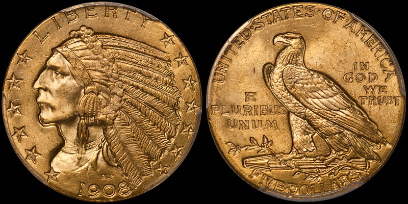 1908 INDIAN gold $5.00 PCGS MS65 CAC. Images courtesy Doug Winter Numismatics