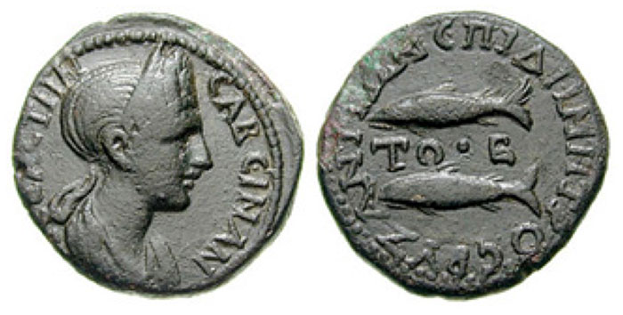 Byzantium. Sabina, wife of Hadrian. Æ 26mm (10.10 gm). Diademed and draped bust right / Two tunny fish left. SNG Copenhagen -; BMC Thrace, etc. -; Mionnet suppl. II pg. 248, 261