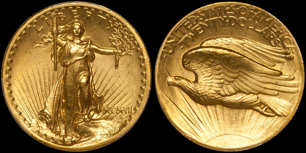 MCMVII (1907) HIGH RELIEF gold $20.00 PCGS MS64+ CAC. Images courtesy Douglas Winter Numismatics