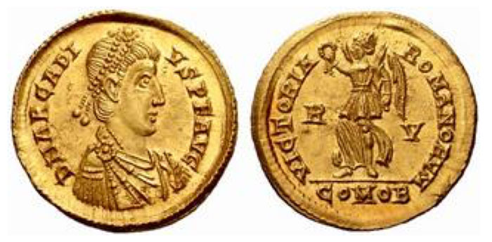 Medallion of 1 ¼ solidi or aureus, Ravenna circa 403-405, AV 5.38 g. DN ARCADI – VS P F AVG Pearl- diademed, draped and cuirassed bust r. Rev. VICTORIA – ROMANORVM R - V. Victory advancing l., holding wreath in r. hand and palm in l. In exergue, COMOB. RIC 1285. LRC –. Of the highest rarity, apparently only four specimens known.