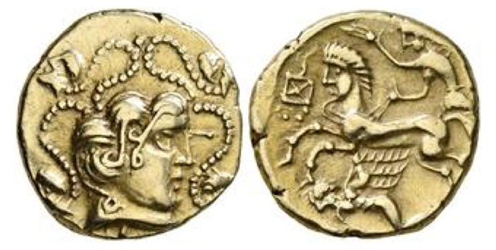CELTIC, Northwest Gaul. Veneti. 2nd century BCE. Quarter Stater (Gold, 12 mm, 1.92 g, 3 h), 'à la petite tête nue' type. 