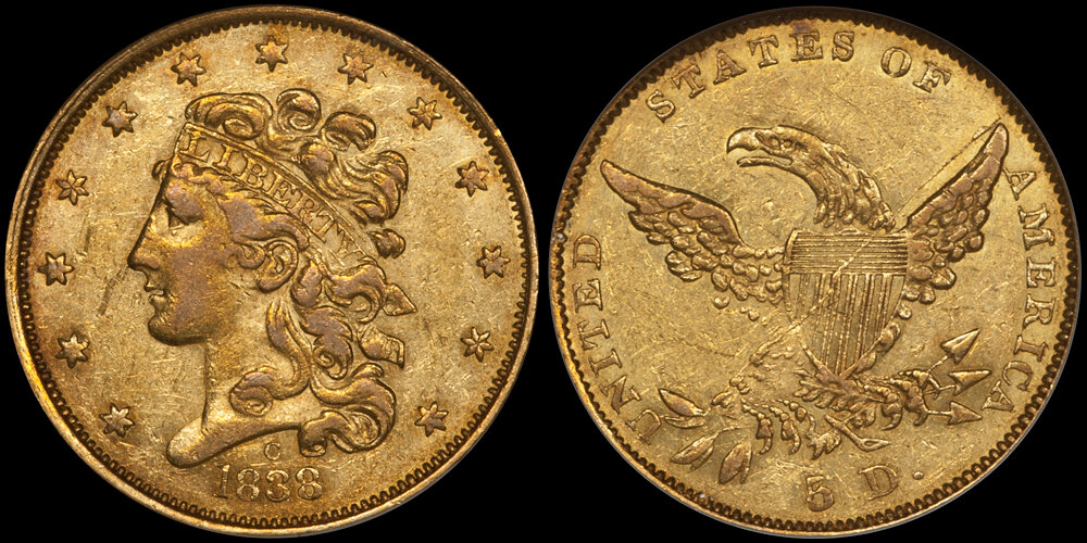 1838-C $5.00 NGC AU55. Images courtesy Douglas Winter Numismatics
