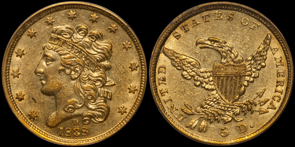 1838-D $5.00 PCGS AU58 CAC, EX BASS. Images courtesy Douglas Winter Numismatics