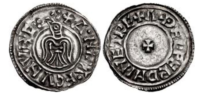 Hiberno-Norse Northumbria). Anlaf Guthfrithsson. 939-941. AR Penny (20mm, 1.07 g, 12h). York mint; Athelferd, moneyer. ·: A•N•L•A•F CVNVNC :·, raven with wings displayed, head left / + ΛÐELFERD MINETR E, small cross pattée. Grierson, Coins of Medieval Europe 126; CTCE group IV, a-al; SCBI 4 (Copenhagen) 628-33 var. (stops); BMC 1092-6 var. (legend and stops); North 537; SCBC 1019 Near EF. Very rare. 
