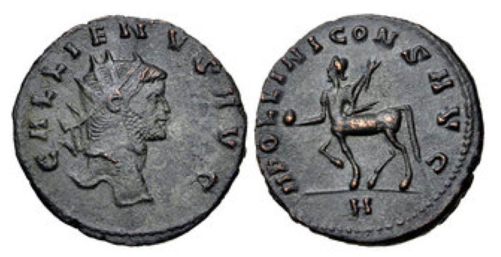Gallienus. 253-268 CE. AR Antoninianus (20mm, 3.35 g, 1h). "Animal/ Mythical series" issue. Rome mint, 8th officina. 10th emission, 267-268 CE. Radiate head right / Centaur walking left, holding globe and trophy; H. RIC V 164; MIR 36, 738b; RSC 73. Green and brown surfaces. Good VF.