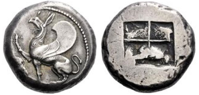 Thrace, Abdera Octodrachm circa 490, AR 29.94 g. Griffin seated l. with r. forepaw raised; to l., cluster of grapes (partially out of flan). Rev. Quadripartite incuse square. May period II, group XXII, cf. 42-43. Asyut 137 (this reverse die). Hurter-Pászthory, Studies Mildenberg, p. 113, 2 (this coin). Very rare and in exceptional condition for the issue. Of magnificent Archaic style and with a superb old cabinet tone. Extremely fine Ex Sotheby's sale 19 June 1990, Hunt part I, 60. From the Antilibanon hoard (CH VI, 4-5).