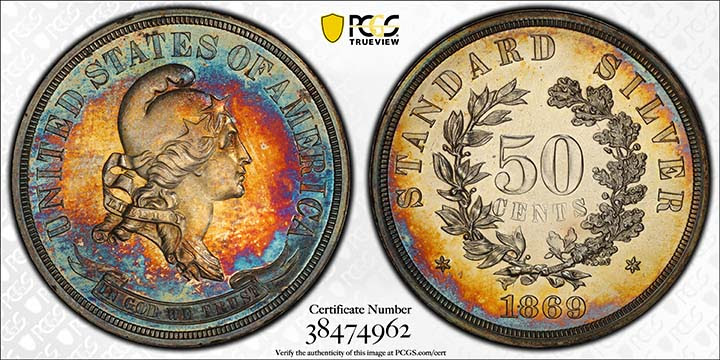 PCGS Trueview, 1869 Standard Silver Half Dollar J-742b Without Initial "B" On Ribbon PCGS PR 64+ CAC UNIQUE, UNLISTED & UNRECORDED. Courtesy Mike Byers