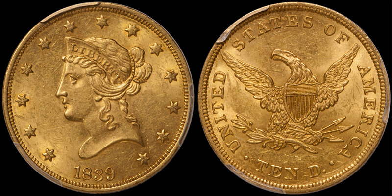 1839/8 $10.00 Gold No Motto Liberty Head Eagle, PCGS MS61. Images courtesy Doug Winter Numismatics