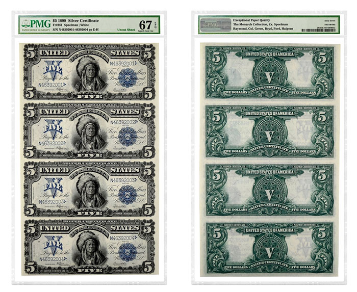 Uncut sheet of four 1899 $5 “Chief” Silver Certificates graded PMG 67 Superb Gem Uncirculated EPQ.