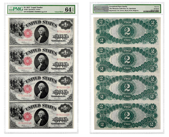 Uncut sheet of four 1917 $1 Legal Tender Notes graded PMG 64 Choice Uncirculated 64 EPQ.