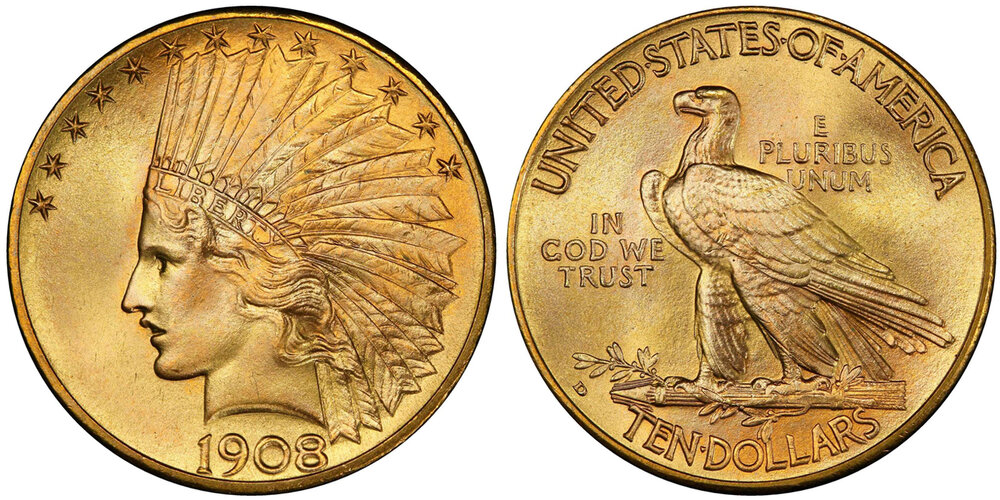 Lot 7345, PCGS/CAC, MS68 1908-D MOTTO EAGLE, courtesy Stack's Bowers, Pogue VII Sale