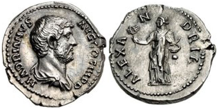 Hadrian. 117-138 CE. AR Denarius (19mm, 3.36 g, 6h). Travel series. Rome mint. Struck circa 134-138 CE. HADRIANVS AVG COS III P P, bareheaded and draped bust right / ALEXA N DRIA, Alexandria standing left, holding sistrum in right hand and snake in basket in left. RIC II 300; EF