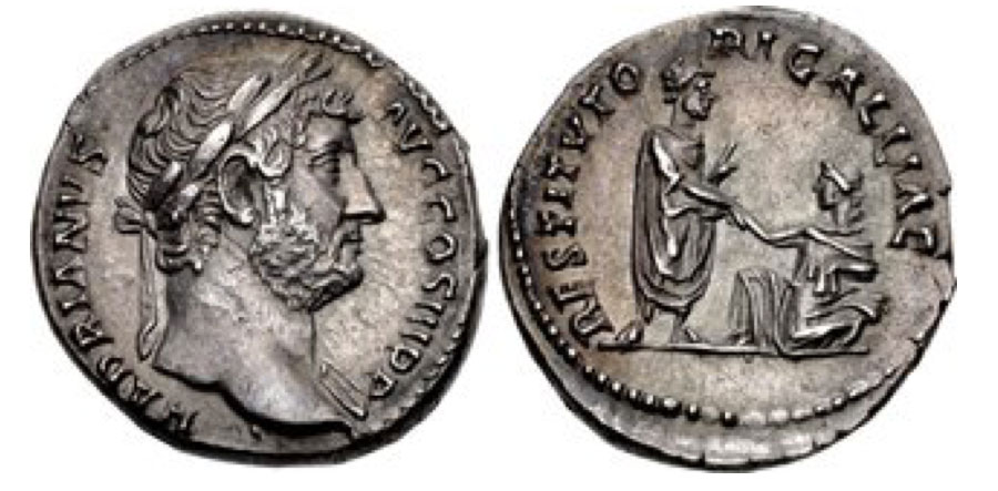 Hadrian. 117-138 CE. AR Denarius (17mm, 3.25 g, 6h). "Travel series" issue. Rome mint. Struck circa 134-138 CE. Laureate bust right, slight drapery / RESTITVTO RI GALLIAE, Hadrian standing right, holding volumen and raising kneeling Gallia. RIC II 324; RSC 1247a. EF, toned. 