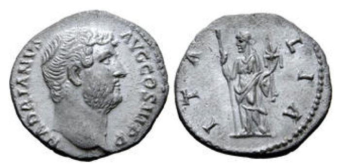 Hadrian AR Denarius. Rome, 134-138 CE. HADRIANVS AVG COS III P P, bare head right / ITALIA, Italia standing left, holding sceptre and cornucopiae. RIC 307. 3.40g