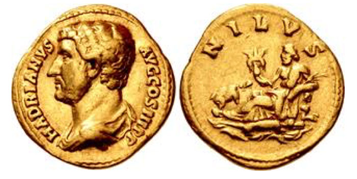 Hadrian. 117-138 CE. AV Aureus (20mm, 7.02 g, 12h). "Travel series" issue. Rome mint. Group 10, circa 130-133 CE. HADRIANVS AVG COS III P P, bareheaded and draped bust left / NILVS, Nilus, naked to waist, reclining left, holding cornucopia in right hand and reed in left, resting left arm on sphinx; to left, hippopotamus standing right; below, in water, crocodile right. RIC II.3 1549 (same dies as illustration); RIC II 308;