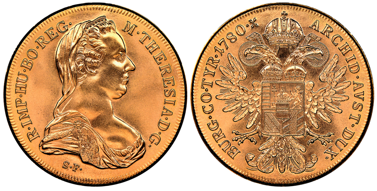 AUSTRIA. Maria Theresa. "1780" (c.1950) SF AV Restrike Taler (20 Ducat). NGC MS64. Courtesy Atlas Numismatics