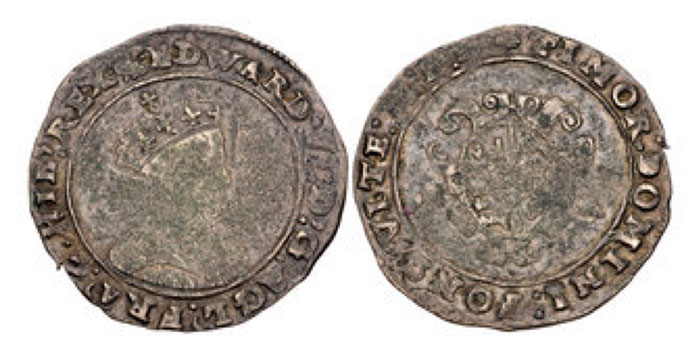 Edward VI. 1547-1553. AR Shilling (30mm, 4.93 g, 8h). Second period, Second (base silver) issue. Tower (London) mint; im: swan/leopard's head. Dated 1550 in Roman numerals. Crowned Bust 5 right / Oval coat-of-arms within ornate frame; E R flanking. North 1919/1; SCBC 2466.