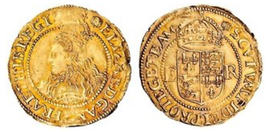 Elizabeth I, sixth issue, 1583-1600, gold Crown, 2.85g, m.m. tun, crowned bust left with a profusion of hair and wearing an elaborate dress, semi colon stops, rev. scvtvm . fidei . proteget . eam., crowned shield dividing er, pellet stops (Schneider 801-02; N.2010; S.2536),