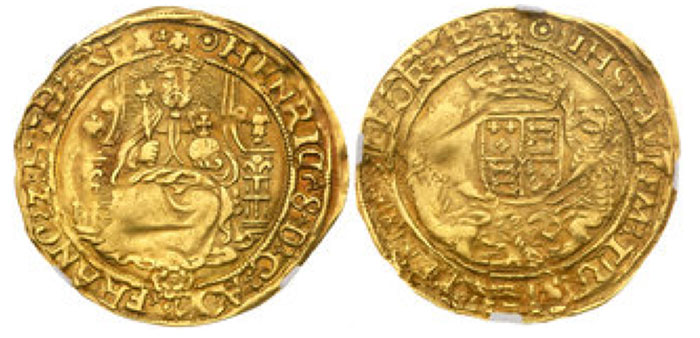 Henry VIII (1509-47). Gold Half-Sovereign, third coinage (1544-47), Tower Mint, initial mark pellet in annulet both sides, facing crowned robed figure of King on ornate throne, rose below, 8 type Latin legend with Roman lettering and beaded border surrounding, initial mark pellet in annulet both sides, HENRIC; '8; D; G; AGL; '' FRANC;Z; HIB; REX', slipped trefoil stops, Rev. crowned quartered shield of arms, with lion and dragon supporters, HR on banner below, Latin legend with Roman lettering and beaded border surrounding, IHS; AVTEM; TRNSIEN; PER; MED; ILLOR; IBAT (cf.Schneider 617; N.1827; S.2295; Fr.167)