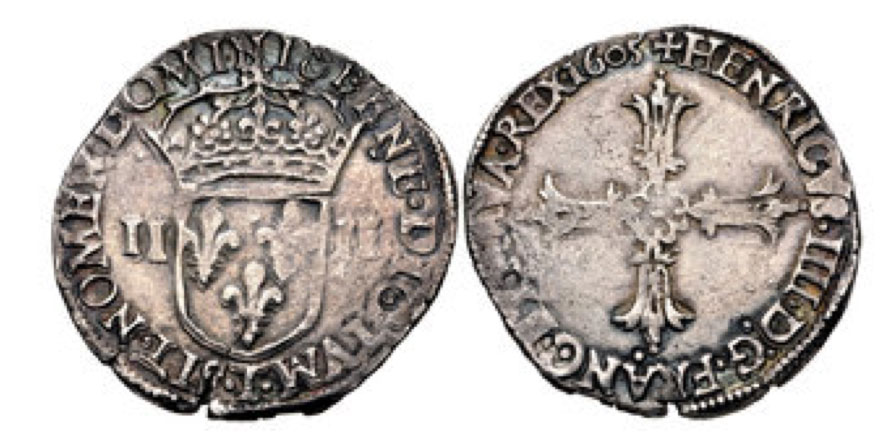 FRANCE, Royal. Henri IV le Grand (the Great). 1589–1610. AR Quart d'écu (30mm, 9.61 g, 12h). Nantes mint. Dated 1605T. Crowned coat-of-arms; II II flanking shield' ; pellet below 17th letter / Cross fleurée, with quatrilobe at center; pellet below 17th letter. Duplessy 1224; Ciani 1517; Roberts 3261. Toned. Good VF. 