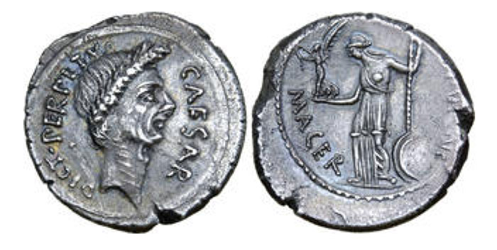 Julius Caesar AR Denarius. P. Sepullius Macer, moneyer. Rome, February-March 44 BCE. Wreathed head right; CAESAR DICT PERPETVO around / Venus standing left, holding Victory and sceptre resting on shield; [P•SEP]VLLIVS downwards to right, MACER downwards to left. Crawford 480/10; CRI 107a; BMCRR Rome 4169-71; RSC 38; Alföldi Caesar, Type VIII. 3.33g, 18mm, 3h.