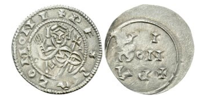 HUNGARY. Solomon (1063-1074). Denar. Obv: + REX ƧALOMONI.  Crowned facing bust, holding cruciform sceptre and raising hand. Rev: + PA / NON / IA. Legend in three lines.Frynas H.6.3; Huszár 17. 0.83 g. 17 mm.