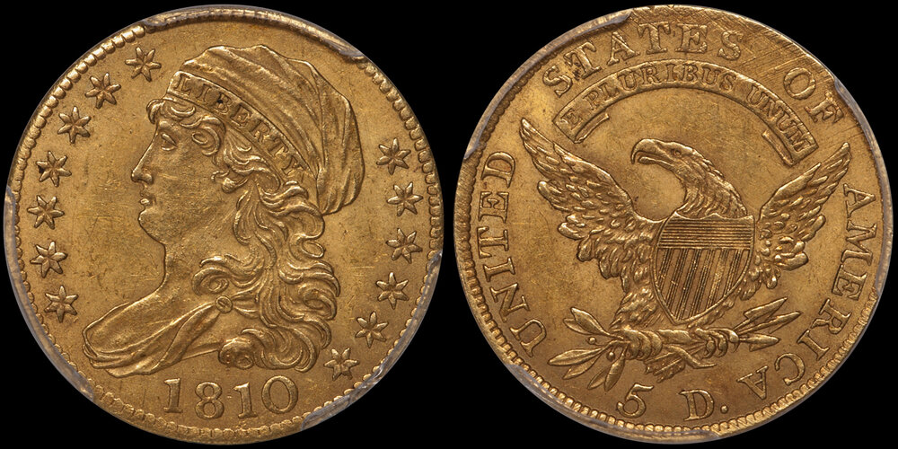 1810 LARGE DATE, LARGE 5 $5.00 PCGS MS62+ CAC. Among the most popular early U.S. gold coins. Images courtesy Doug Winter