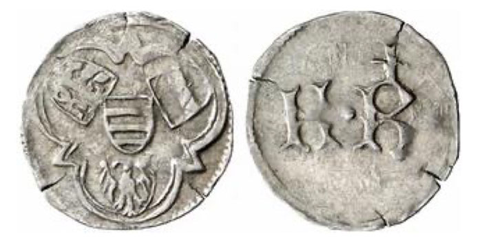 Interregnum, 1439-1440. Denar. 0,62 g. Shields of the kingdoms in trilobe //Pellet between K - R . Huszar 595. RR 