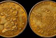 1838-C $5.00 PCGS MS63+ CAC. Images courtesy Douglas Winter Numismatics