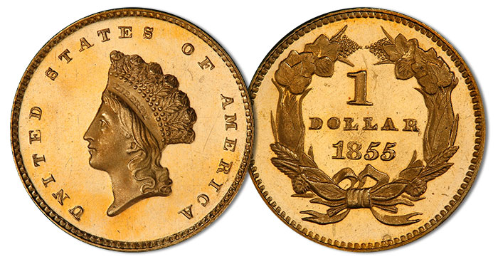 1855 Indian Princess Head Gold dollar in PCGS PR65+DCAM CAC. Image: PCGS.