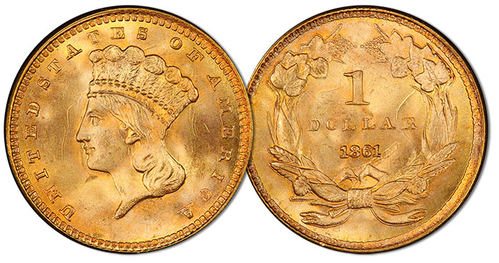 1861 Indian Princess Head Gold dollar in PCGS MS67+. Image: PCGS.