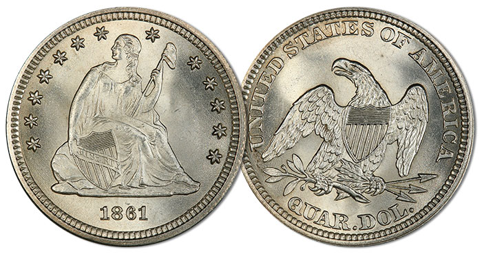 1861 Standing Liberty Quarter in PCGS MS67. Image: PCGS.