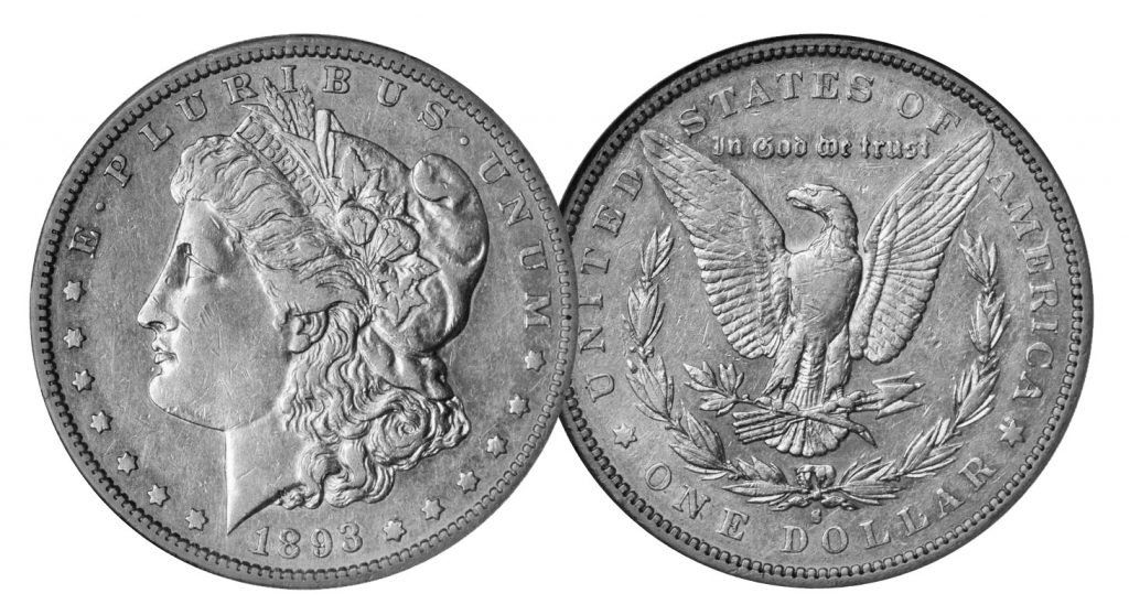A circulated example of the rare 1893-S Morgan dollar.
