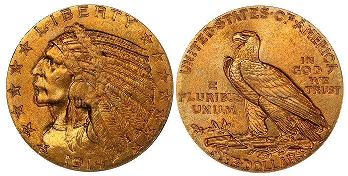 3. 1914 $5 Gold Half Eagle in MS-64