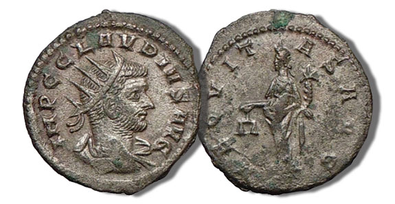 Antoniniani.Claudius Gothicus with an Aequitas standing holding scales and cornucopia, 3.72 grams, RIC 14, 268-70 C.E