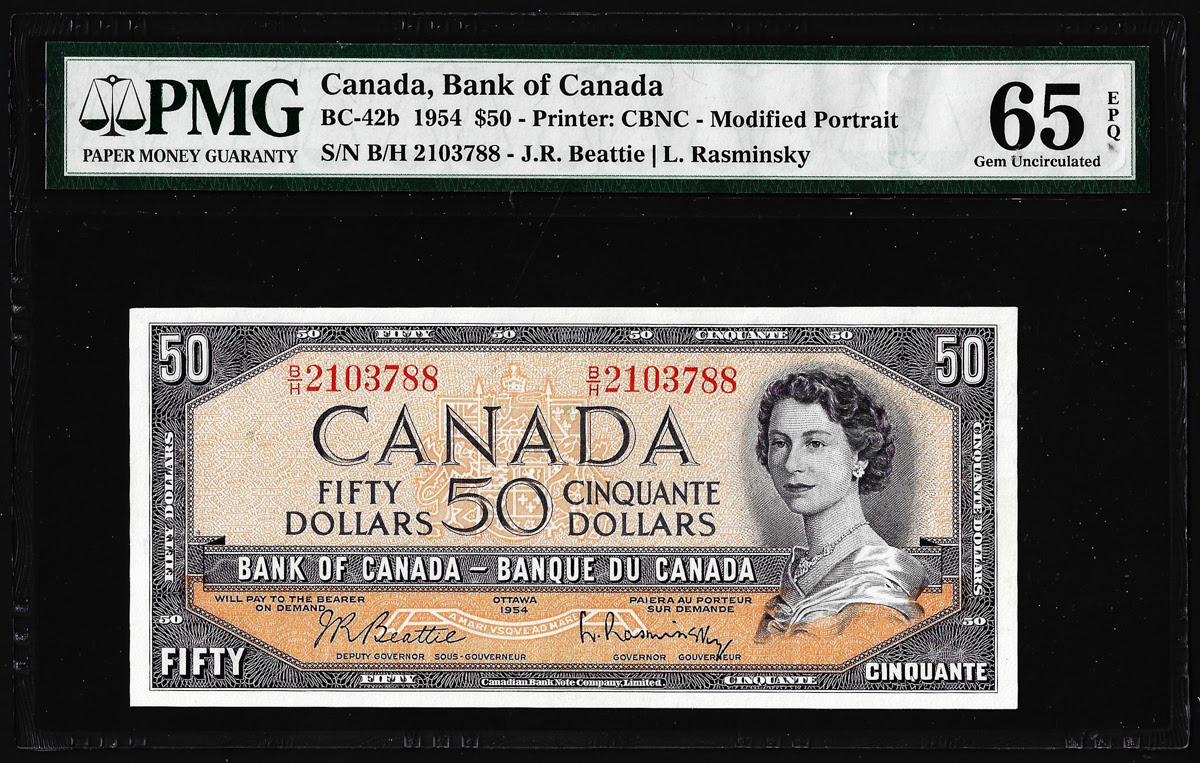 Canada 1954 $50 Modified Portrait. Courtesy NCIC (Numismatic Crime Information Center), Doug Davis