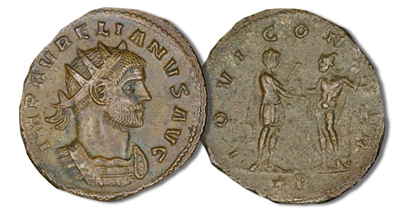 Antoniniani. Aurelian with Jupiter giving a globe to Aurelian, 3.3 grams, RIC 48, 274-5 C.E.