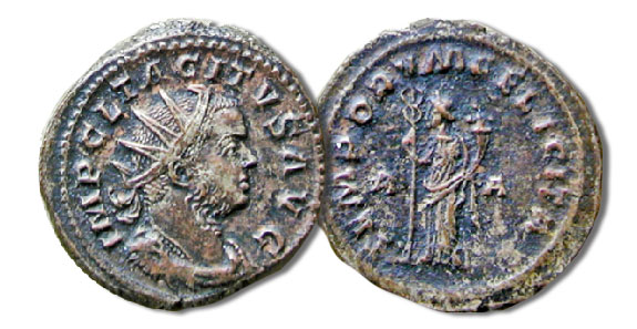 Antoniniani. Tacitus with reverse of a Felicity standing holding caduceus and cornucopia, 3.7 grams, RIC 65, 275-6 C.E