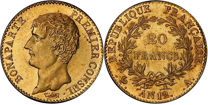 France AN 12-A (1803) 20 Francs Gad-1020 F-536 Premier Consul PCGS MS63. Image: PCGS.